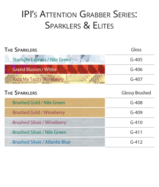 IPI Attention Grabber Series - Sparklers Elites material color options from Main Trophy Supply