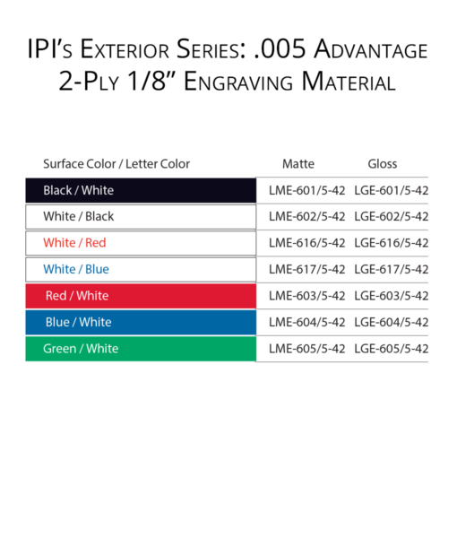 IPI Exterior Series - .005 Advantage 1/8" engraving material color options from Main Trophy Supply