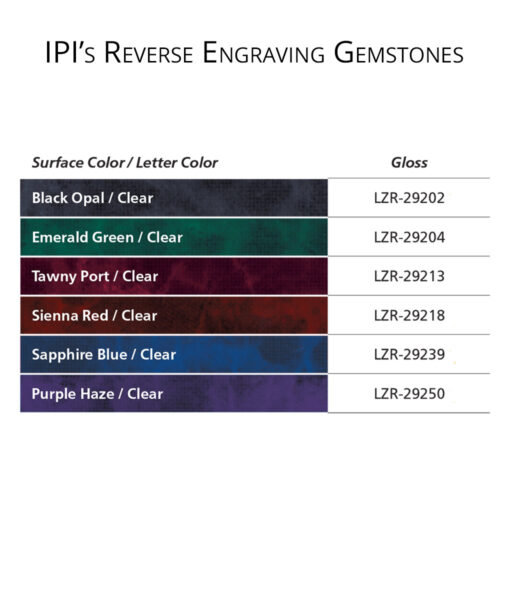 IPI Laser Reverse Engravable Gemstones engraving material color options from Main Trophy Supply