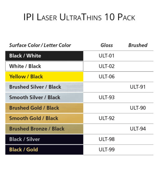 IPI Laser UltraThins - engraving material color options from Main Trophy Supply