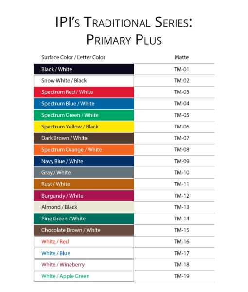 IPI Traditional Series - Primary Plus engraving material color options from Main Trophy Supply