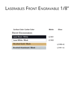IPI Laserables Front Engravable 1/8 color options from Main Trophy Supply