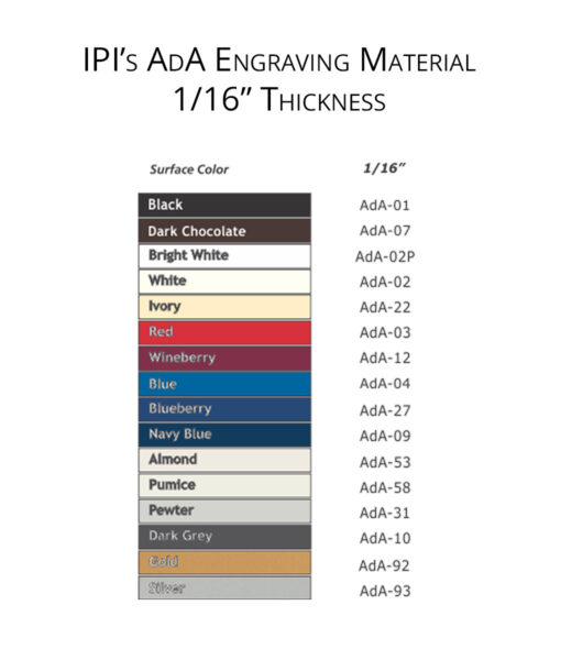 IPI AdA Laser Engravable material color options from Main Trophy Supply