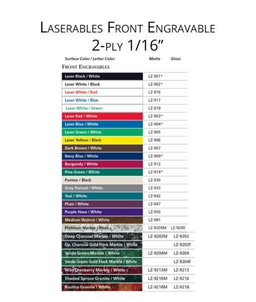 IPI Laserables Front Engravable 1/16 2-ply color options from Main Trophy Supply