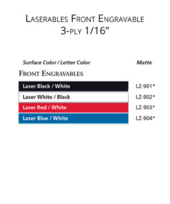 IPI Laserables Front Engravable 1/16 3-ply color options from Main Trophy Supply